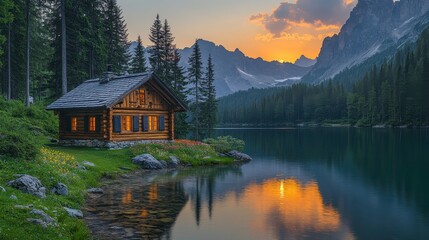 Fototapeta premium Cabin by lake, sunset colors reflecting. Mountains and trees