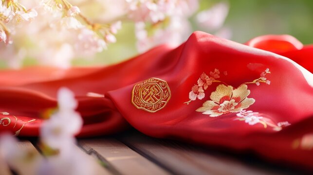 Vibrant red scarf with golden embroidery symbolizes youth and hope, evoking warmth and inspiration.
