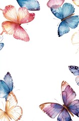 Beautiful watercolor painted butterflies arranged around a white background
