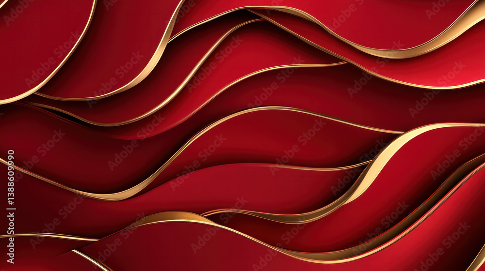 Poster a red and gold ribbon with a wave pattern is displayed. the ribbon is made of a shiny, luxurious mat