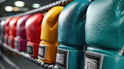 Colorful Boxing Gloves Hanging Neatly on a Training Ring