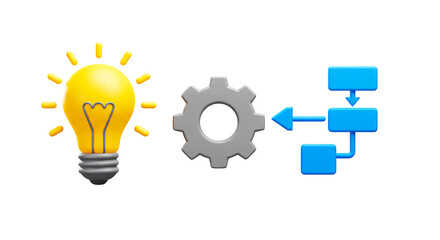 A lightbulb connected to a gear and a flowchart on a black background in a digital rendering png