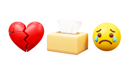 A broken red heart a tissue box and a crying yellow emoji on a black background in a digital image png