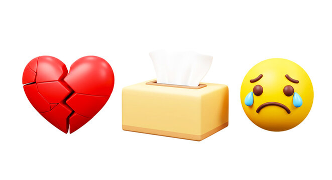 A broken red heart a tissue box and a crying yellow emoji on a black background in a digital image png