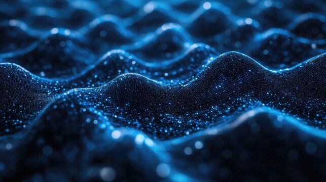 Abstract digital display of blue sparkling waves with dots