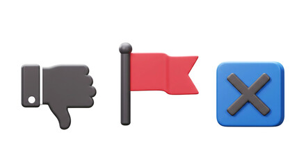  Negative Feedback 3D Icons: Thumbs Down, Red Flag & Close Button - Essential for User Experience, Content Moderation, Reporting Issues, Disapproval & Cancellation