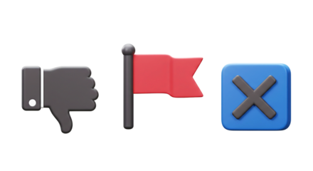  Negative Feedback 3D Icons: Thumbs Down, Red Flag & Close Button - Essential for User Experience, Content Moderation, Reporting Issues, Disapproval & Cancellation