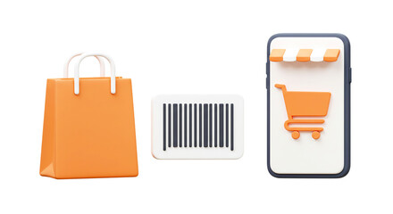 E-commerce & Mobile Shopping 3D Icons: Orange Shopping Bag, Barcode Scanner & Smartphone with Cart - Ideal for Online Retail, Digital Payments & Modern Consumer Experience
