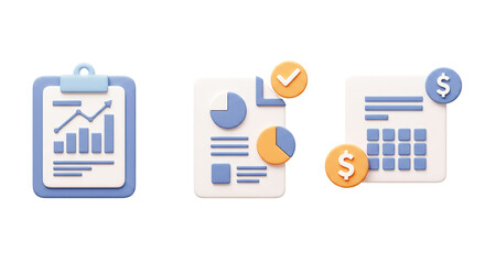  Financial Management & Accounting 3D Icons: Clipboard with Chart, Report with Pie Chart, and Calculator with Dollar Coins - Ideal for Business, Finance, Banking & Budgeting.