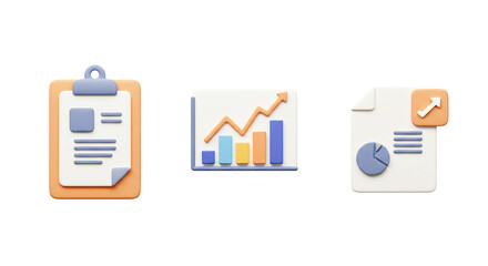  Financial Growth & Reporting 3D Icons: Clipboard, Business Chart with Upward Trend & Document with Pie Chart - Essential for Market Analysis, Statistics & Data Presentation