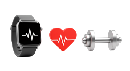  Fitness & Health Tech 3D Icons: Smartwatch with ECG, Heartbeat Symbol, and Dumbbell - Perfect for Wellness Apps, Wearable Technology, Exercise, and Cardiology Concepts