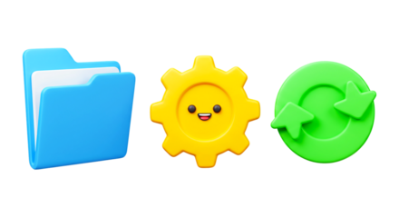Playful System Icons: Blue Folder, Happy Cogwheel & Green Refresh Symbol - 3D Render for Digital File Management, Software Settings, Updates & Data Synchronization on White