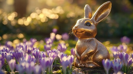 Rabbit Statue with Spring Flowers in a Garden Setting