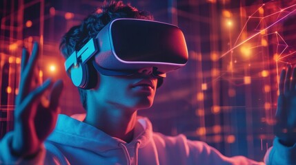 Student engaging in virtual reality education within a futuristic digital classroom experience