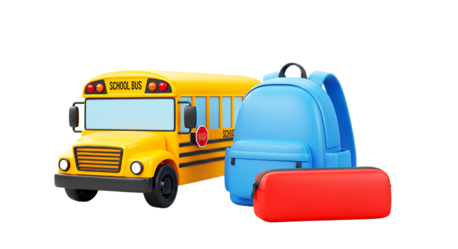 A yellow school bus with a blue backpack and a red pencil case on a black isolated background png
