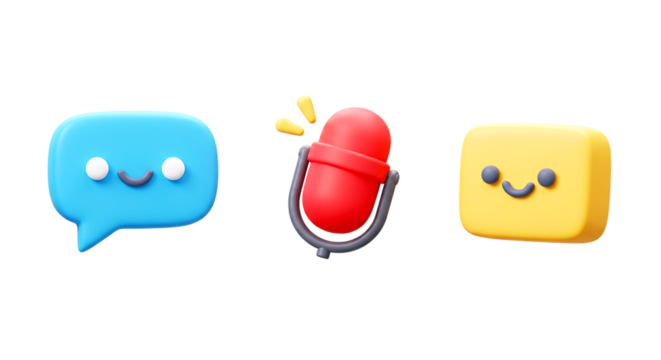 Three dimensional icons of a speech bubble microphone and cube with smiling faces on a black background png