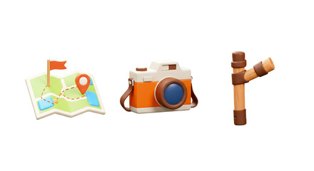 Isolated cartoon travel set featuring a map camera and walking stick on a black background scene png