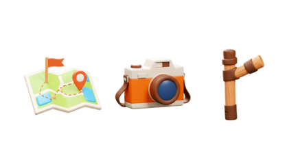 Isolated cartoon travel set featuring a map camera and walking stick on a black background scene png