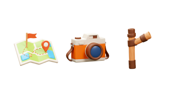 Isolated cartoon travel set featuring a map camera and walking stick on a black background scene png