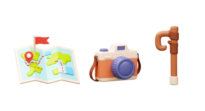A map with a flag and pin, a camera with a strap, and a cane on a black background illustration png