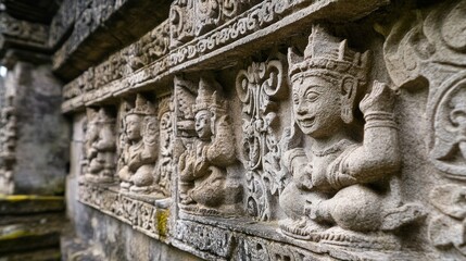 Obraz premium Ancient Stone Carvings: Intricate Details of a Temple Wall
