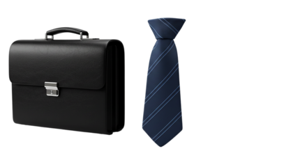 A black briefcase and a blue striped tie on a black background in a studio setting display image png