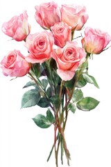 Beautiful Bouquet Of Pink Roses With Fresh Green Leaves and Stems