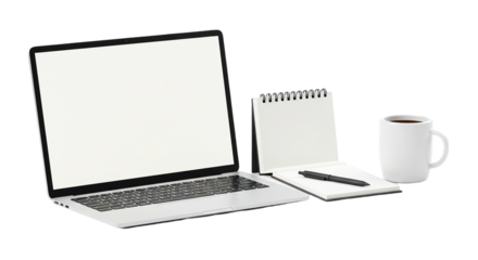 A laptop with a blank screen next to a notebook a pen and a white mug on a black background flat lay png