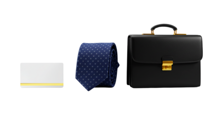 Still life of a business card, a blue tie with white dots, and a black briefcase on black background png