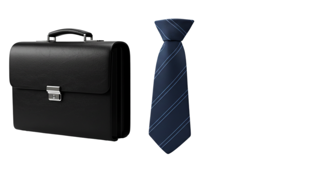 A black briefcase and a blue striped tie on a black background in a studio setting display image png