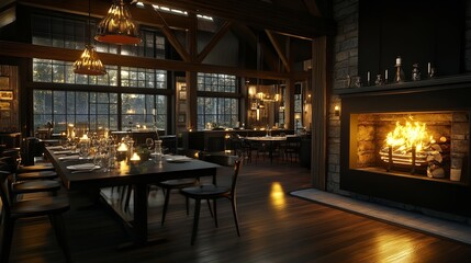 Dark living room loft with fireplace, industrial style. Idea for interior design. AI