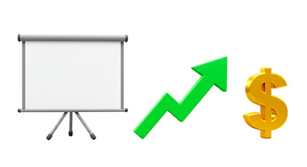Presentation board with a green arrow pointing up and a golden dollar sign on black background png
