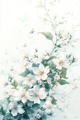 An elegant watercolor illustration showcasing white blossoms and delicate butterflies