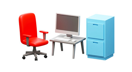 A red office chair next to a desk with a computer and a blue filing cabinet on a black background png