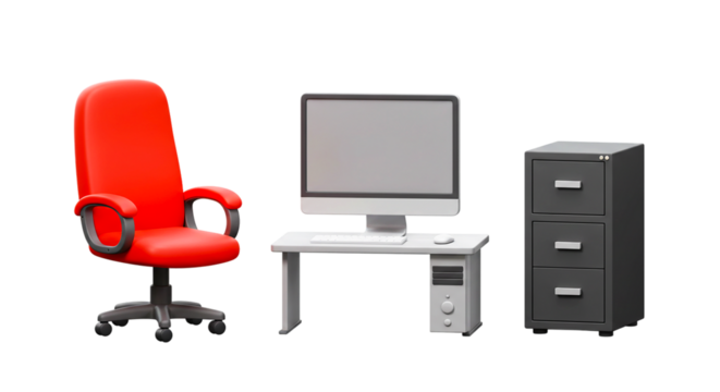 A workstation setup featuring a red office chair a computer desk and a filing cabinet on black background png