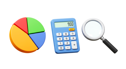 A pie chart a blue calculator displaying nine hundred and a magnifying glass on a black background png