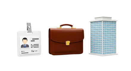 A business scene with a briefcase, a building, and an id badge on a black background isolated view png