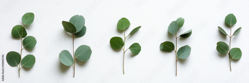 Poster eucalyptus leaves arranged in a structured flat-lay on a soft white surface for a fresh botanical de