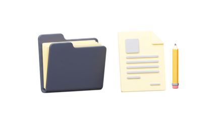A rendered image showing a folder with papers, a document, and a pencil on a black background png