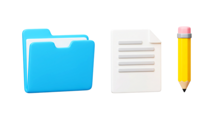 A cartoon image of a blue folder a white paper and a yellow pencil on a black background space for text png