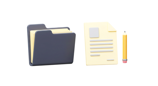 A rendered image showing a folder with papers, a document, and a pencil on a black background png