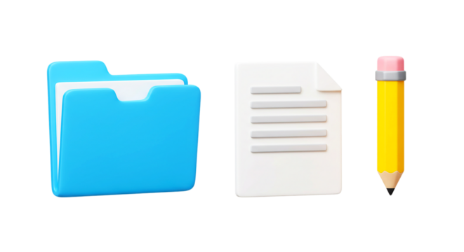 A cartoon image of a blue folder a white paper and a yellow pencil on a black background space for text png