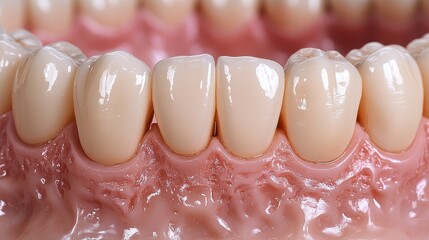 Close-up of dental bridge. False teeth are connected to gum model for dental procedure