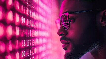 A man examines data on a bright pink digital display