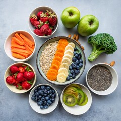 Naklejka premium Vibrant and colorful arrangement of healthy food items displayed beautifully on a clean, neutral surface.