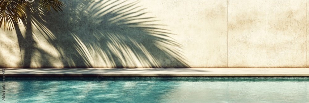Wall mural serene tropical poolside scene with palm tree shadows casting elegant patterns on a textured wall be