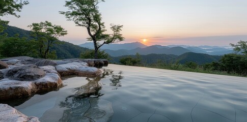 Peaceful escape: nature pool tub set within a scenic landscape, offering a tranquil environment, blending water and surroundings for ultimate relaxation, a perfect place to unwind and enjoy serenity.