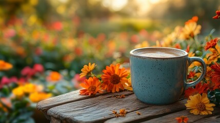 Latte sits atop rustic wood; vibrant flower backdrop