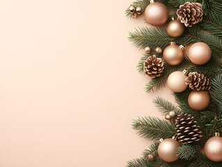 Elegant Christmas Background: Gold Ornaments Pine Branches Beige