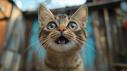 Tabby cat with wide eyes & open mouth in garden against a blurred wooden wall